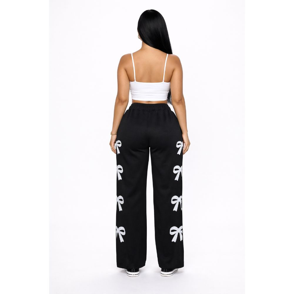Black Bow WideLeg Pants Stylish Casual Drawstring Trousers